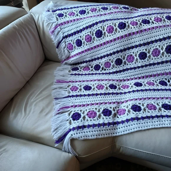 Hand Crocheted Blanket: Purple on White background:Size 105" x 68" approx - Picture 10 of 11